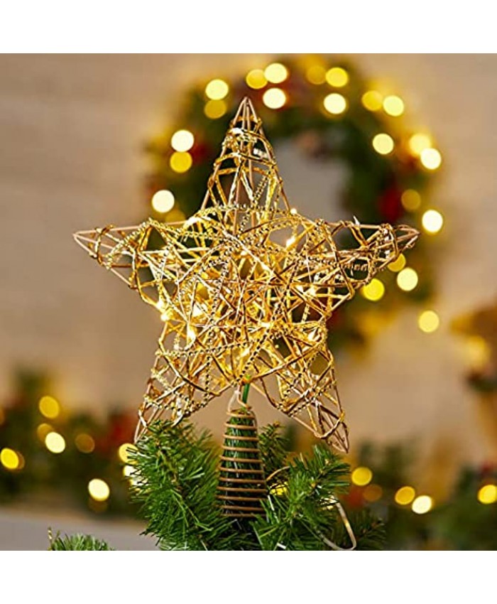 11.8” Christmas Star Tree Topper Hollow Designed Battery Operated Star Tree Topper with 20 LED Copper String Lights and 6H Timer 3D Star Treetop for Holiday Party Christmas Tree Decorations Gold