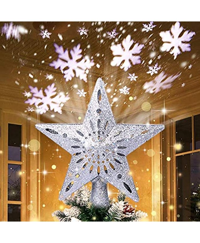 AerWo Christmas Tree Topper Lighted Star Tree Topper with Rotating Snowflake Projector Lights 3D Glitter Hollow Star Tree Topper for Christmas Tree Decorations