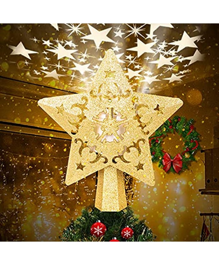 Christmas Star Tree Topper with LED Projector Lighted Tree Topper with Rotating Warm Star Shape Lights 3D Hollow Gold Star Xmas Tree Topper for Christmas Tree Decorations