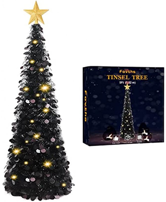 Fovths 5 Feet Christmas Black Tinsel Tree Coastal Glittery Collapsible Pop Up Artificial Tree with Gold Tree Topper 55 LED Lights for Christmas Decorations Home Decor Party Supplies
