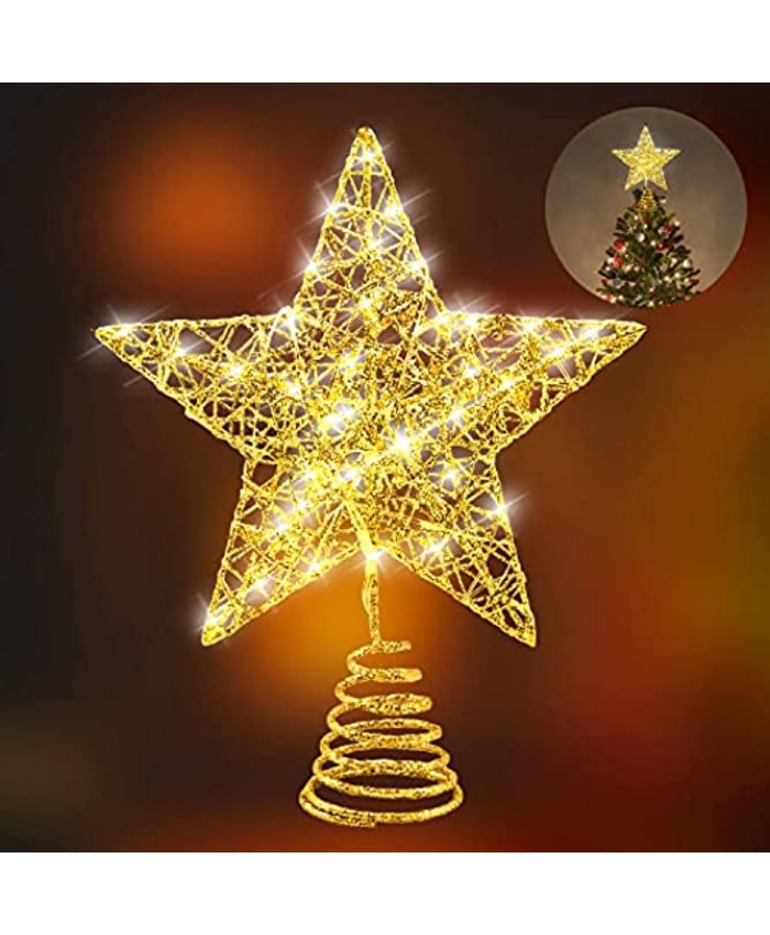 INAROCK Christmas Tree Toppers Gold Star Tree Toppers Hallow Glittered Metal Design Tree-top Star 15 LED Lights Christmas Tree Topper Star for Christmas Tree Decoration