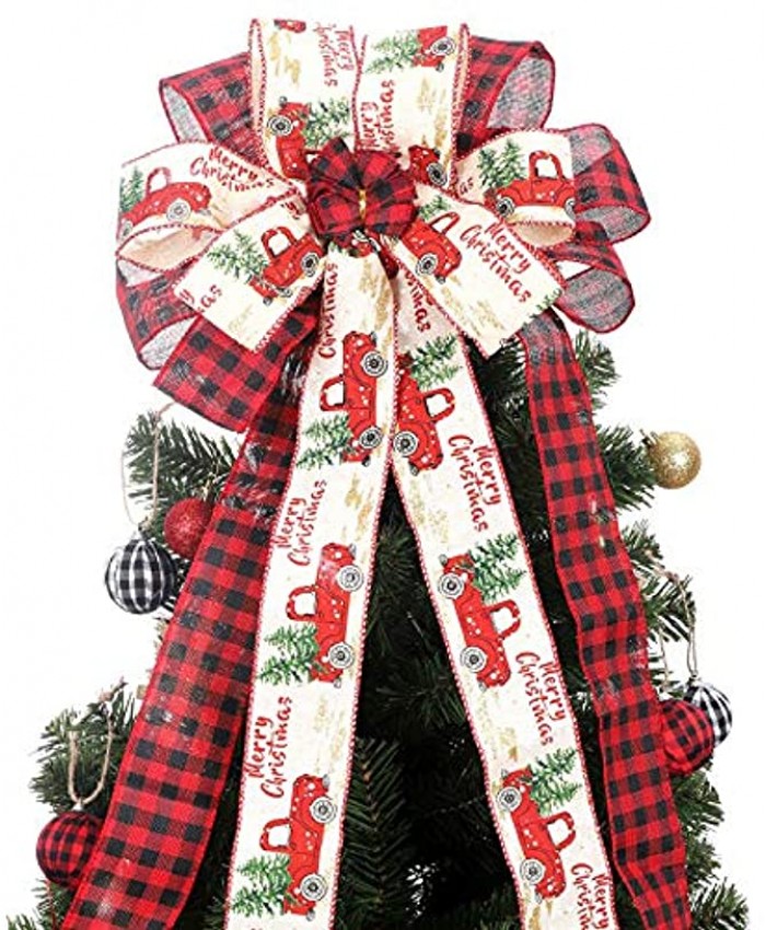 Tmflexe Christmas Bows Tree Topper Red Black White Buffalo Plaid Ornaments Handmade for Wreath Door Burlap Rustic Farmhouse Decoration X'Mas Car Plaid