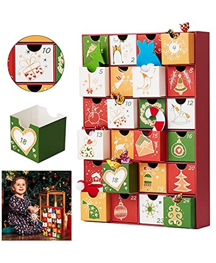 Christmas Advent Calendar 24 Numbered Opening Drawers Countdown Thick Cardstock Box Construction Christmas Holiday Table Decoration,Winter Festive Designs,12.9" x 8.8" x 2.2"