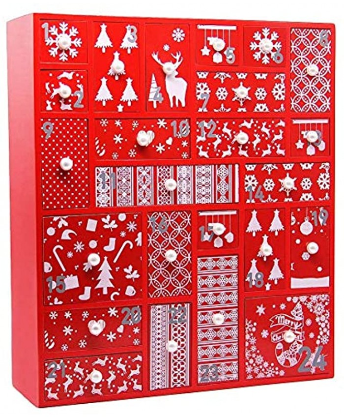 Juegoal Red Advent Calendar with 24 Drawers Countdown to Christmas Refillable Wooden Advent 15 Inches Tall