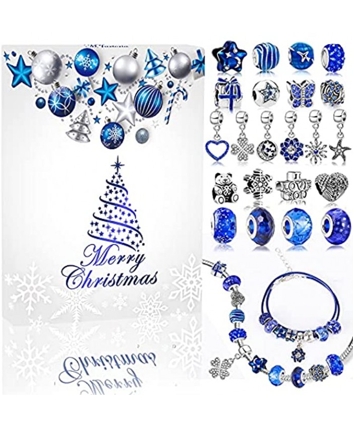 MJartoria Blue Jewelry Advent Calendar 2021 for Girls-Blue Jewelry Christmas Countdown-Inclued Blue Snowflake Metal Charms Beads DIY Necklaces Bracelets Making Kit Jewelry Gifts