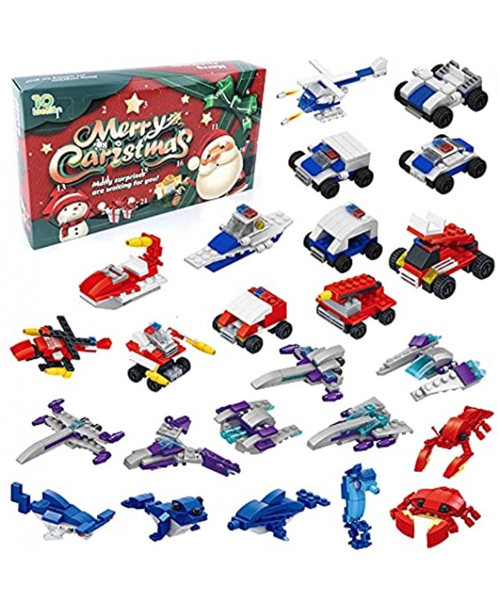 RECHIATO 2021 Advent Calendar Kids Christmas 24 Days Countdown Calendar with Building Blocks Including 4 Types of Policemen Cars Planes Fire Trucks and Ocean Animals 6 in 1 Surprise Christmas Gifts for Kids