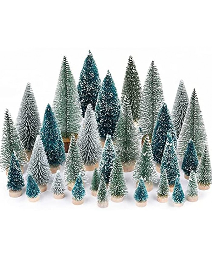 DearHouse 31PCS Artificial Mini Christmas Trees Mini Pine Tree Sisal Trees with Wood Base Bottle Brush Trees for Christmas Table Top Decor Winter Crafts Ornaments Green 31