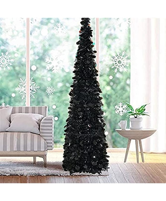 Fonder Mols 5ft Collapsible Artificial Halloween Christmas Tree Pop Up Small Thin Black Tinsel Coastal Pencil Xmas Tree for Holiday Carnival Party Decorations Indoor Outdoor
