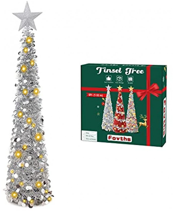 Fovths 5 Feet Christmas Collapsible Artificial Tree Pop Up Small Thin Silver Tinsel Sequin with 60 String Lights and Gold Tree Top Star for Holiday Party Decorations Indoor Outdoor