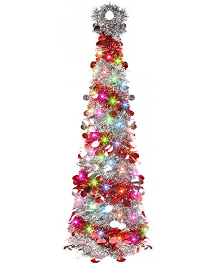 FUNPENY 5 FT Pop up Christmas Tree with 50 LED String Lights Lighted Artificial Tinsel Xmas Tree with Timer Battery Operated Pencil Tree for Indoor Home Party Decoration White & Red