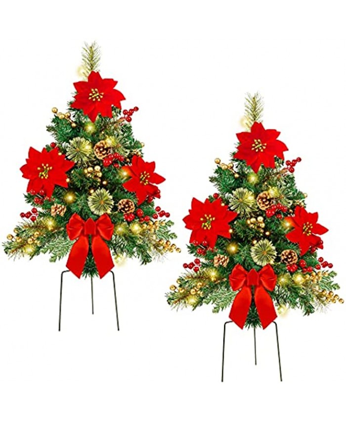 Glintoper Set of 2 Pathway Christmas Trees 30 Inch Lighted Artificial Christmas Urn Filler Pre-lit with Lights Poinsettia Flowers Ornaments Outdoor Waterproof for Yard Garden Porch Driveway Decor