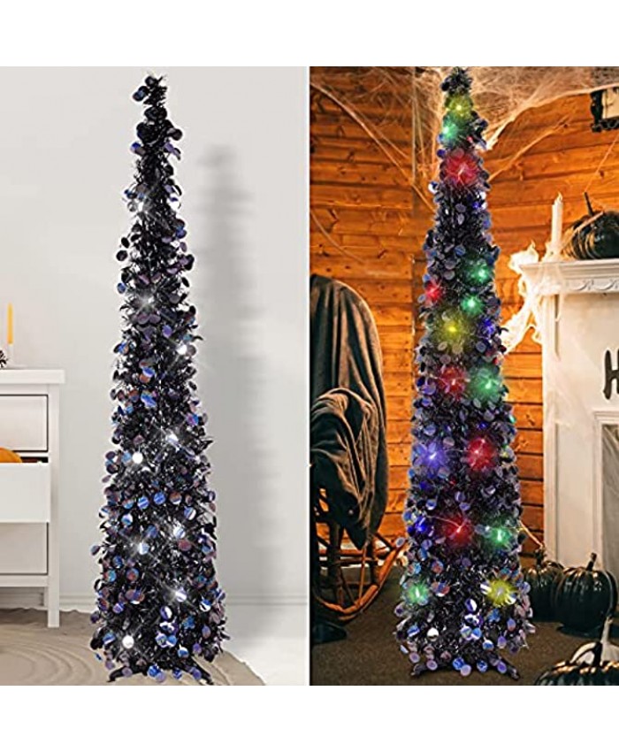 HMASYO 5Ft Black Tinsel Christmas Tree with 50 LED Color Lights Star- Collapsible Pop Up Artificial Christmas Pencil Trees Xmas Decorations for Home Fireplace Party 5 Ft-Black
