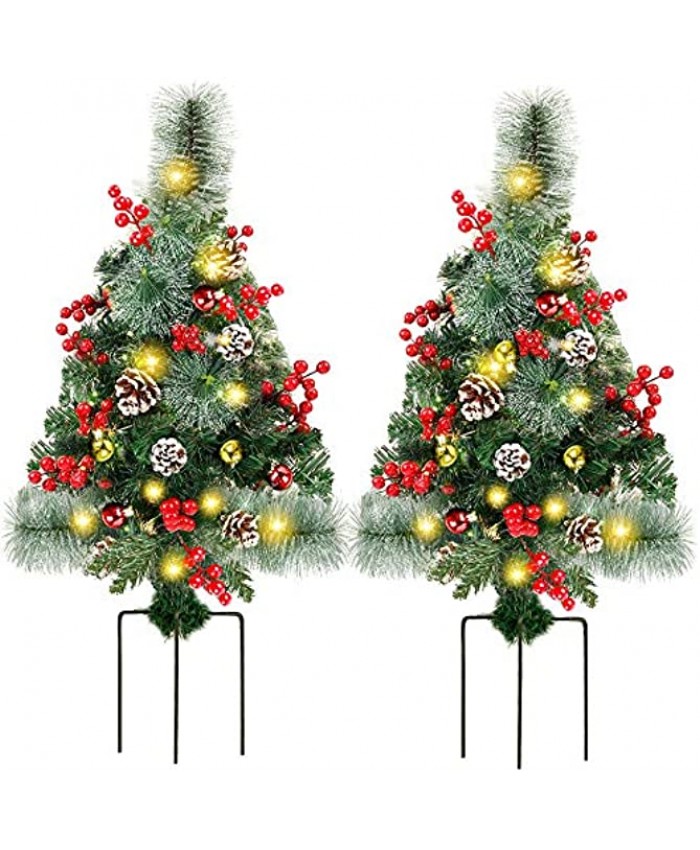 Juegoal 2 Pack 30 Inch Pre-Lit Pathway Christmas Trees Artificial Christmas Urn Filler with 60 LED Lights Red Berries Pine Cones & Balls Ornaments Battery Operated Holiday Decor for Driveway Yard