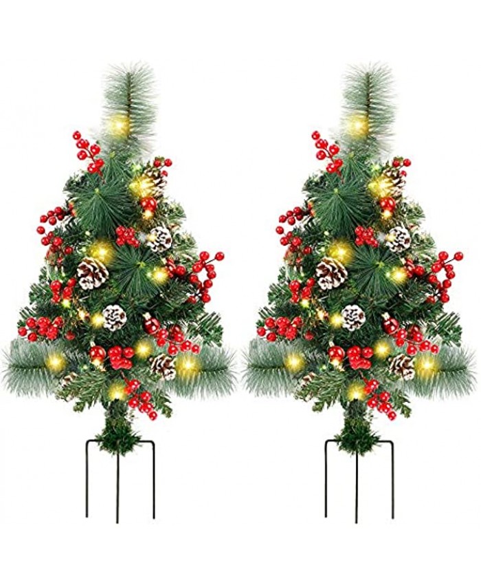 Lulu Home 2 Pack 2 Ft Pre-Lit Pathway Christmas Trees with Stake Battery Operated 60 LED Lighted Small Christmas Trees Yard Stake Outdoor Decoration with Red Berries Red Balls Pine Cones
