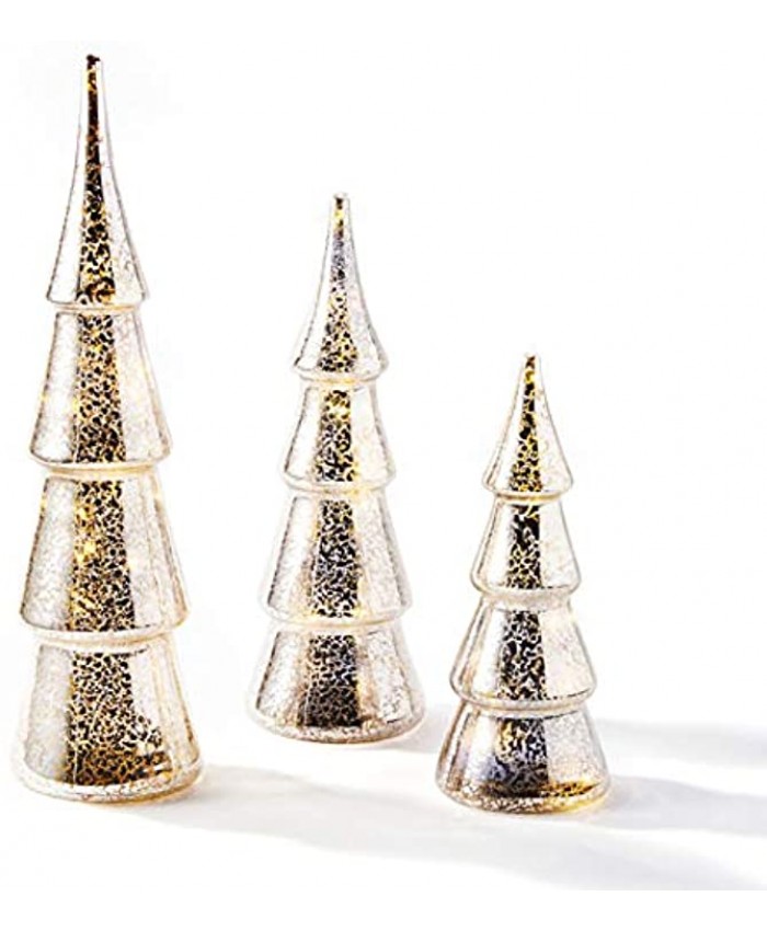 Mercury Glass Christmas Tree Decoration Set of 3 Assorted Trees with Fairy Lights 10 Inch Tall Silver Finish Batteries Included Holiday Table Centerpiece or Mantle Decor