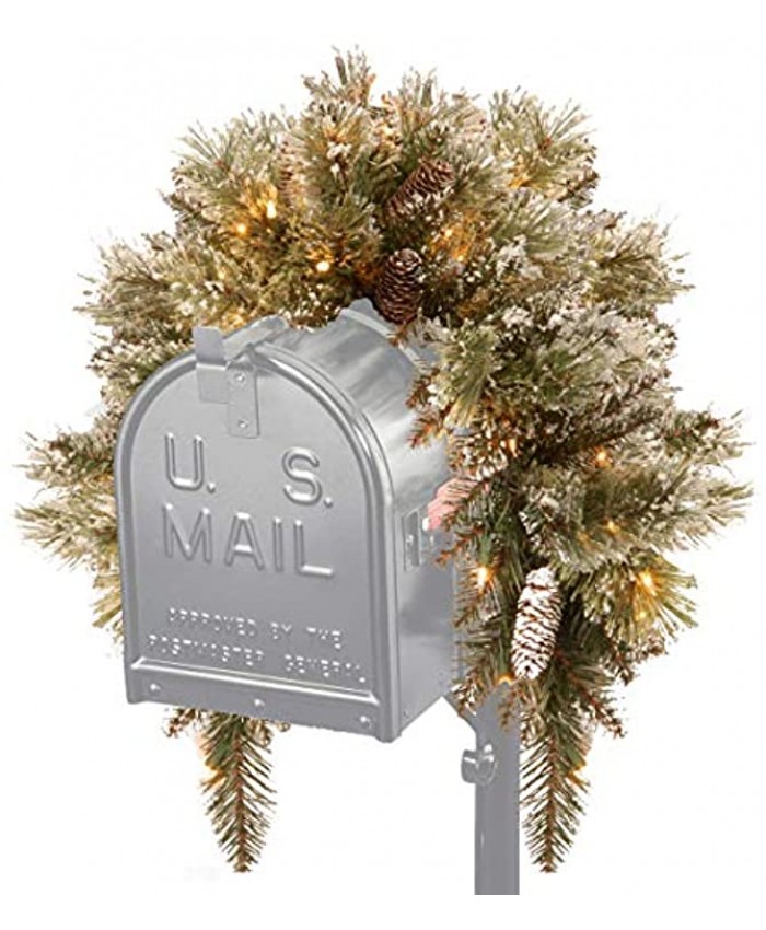 National Tree Company Pre-lit Artificial Christmas Mail Box Swag | Flocked with Mixed Decorations and White LED Lights | Glittery Bristle Pine-36 Inch