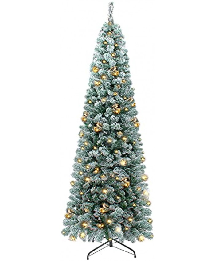 OBABA Snow Flocked Pencil Christmas Tree Pre-Lit Artificial Xmas Tree with 200 UL-Listed Clear Lights 6 FT