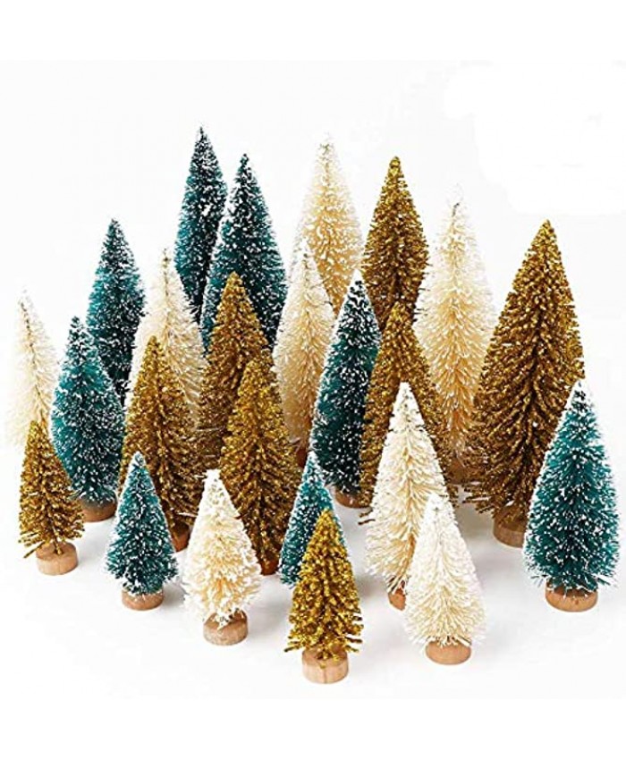 OurWarm 24Pcs Artificial Frosted Sisal Christmas Tree Bottle Brush Trees with Wood Base DIY Crafts Mini Pine Tree for Christmas Home Table Top Decor Winter Ornaments Green Gold and Ivory