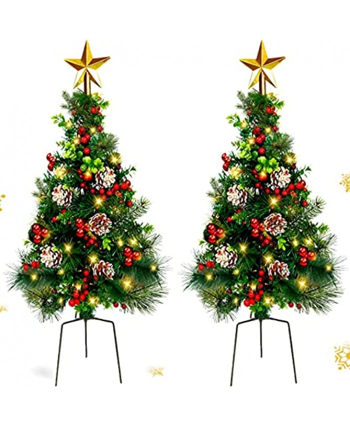 Outdoor Christmas Trees Decoration 2 Pack 2.7ft Prelit Pathway Xmas Tree Battery Operated 60 Led Lights Artificial Entryway Tree for Porch Driveway Yard Garden,Holiday Décor