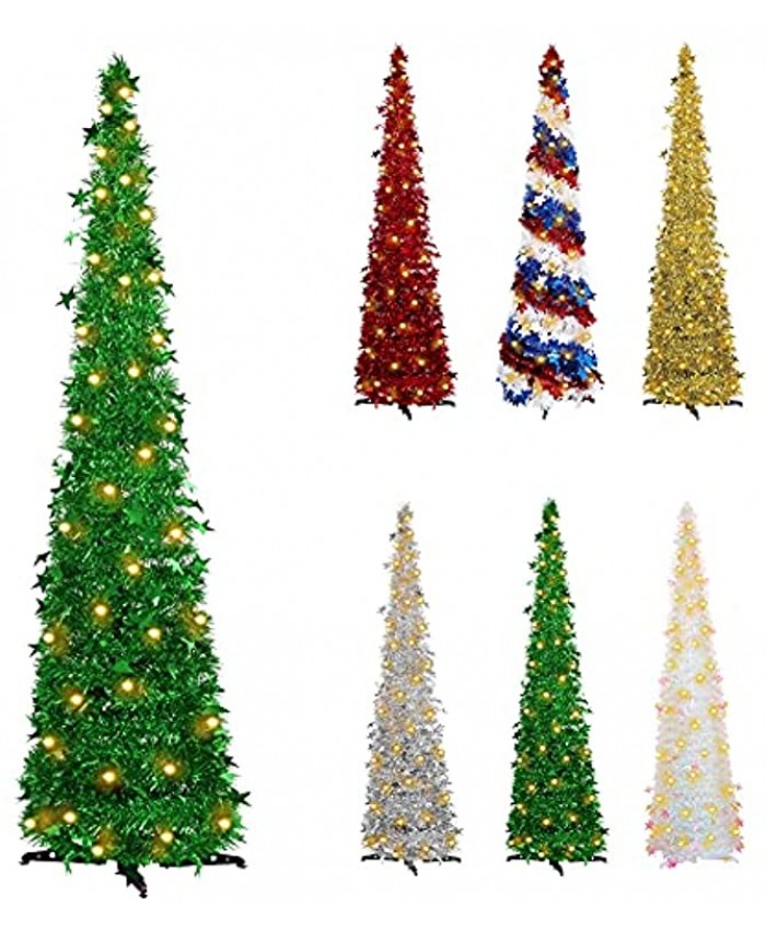 Pop up Christmas Tree with 50 Led Lights 5 Ft Tinsel Christmas Tree Artificial Christmas Tree for Christmas Holiday Decoration Indoor Wendding Party SuppliesGreen