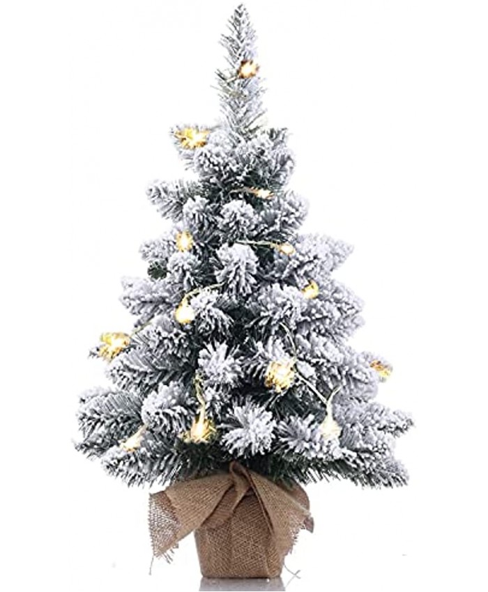 Pre-Lit Artificial Mini Christmas Tree,20 Inch Snow Flocked Artificial Pine Xmas Tree with 20 LED Lights,70 Branch Tips,Desktop Christmas Tree Burlap Base-50cm