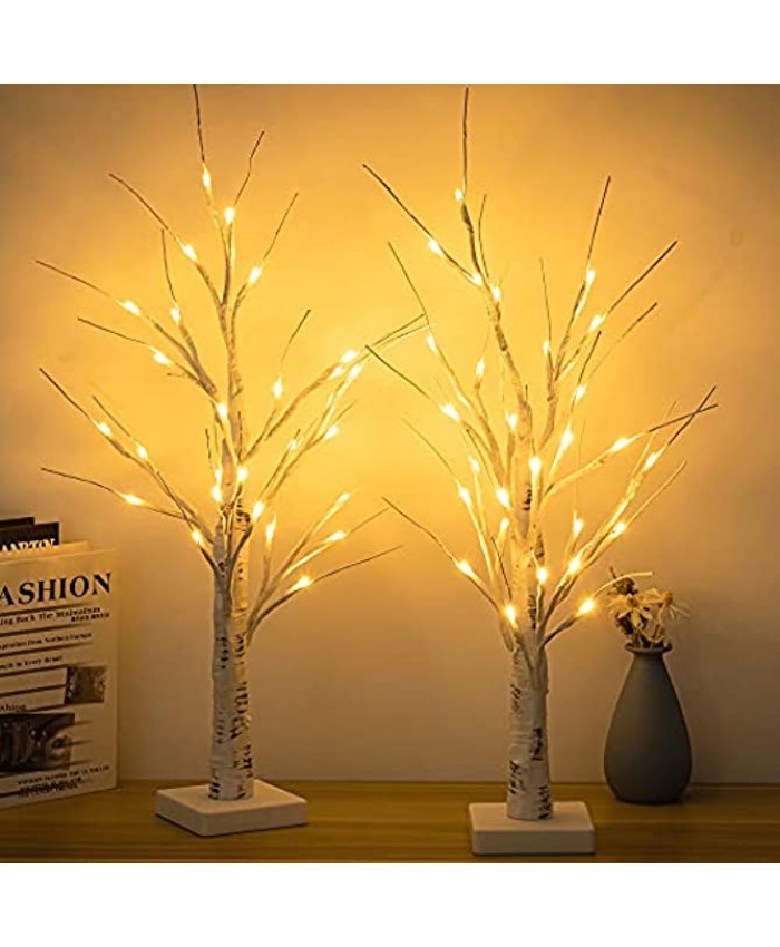 Set of 2 LED Lighted Birch Tree JACKYLED 28 LED Warm White Battery Operated Artificial Birch Tree Tabletop Fairy Tree Light for Home Decoration Party Wedding Thanksgiving Christmas Holiday
