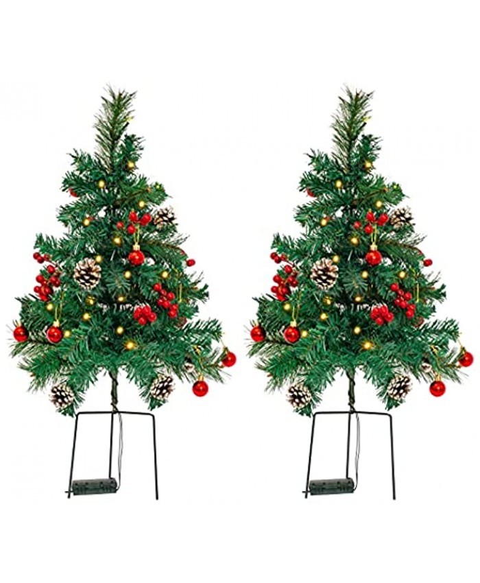 TIDYON 2 Pack 30Inch Pre-Lit Pathway Christmas Trees,Battery Operated Artificial Tree with 60 LED Lighted,Outdoor Décor for Driveway,Yard,Garden Decorations Red Berries,Pine Cones,Red Ball