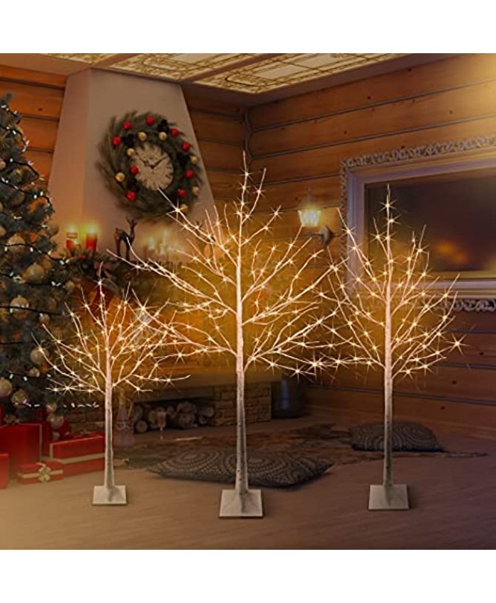 White Birch Tree with Lights URHOMEPRO 3pack Pre-lit Lighted Birch Tree Kit 4ft 5ft 6ft Indoor Outdoor Birch Tree Lights for Wedding Home Party Artificial Christmas Birch Tree