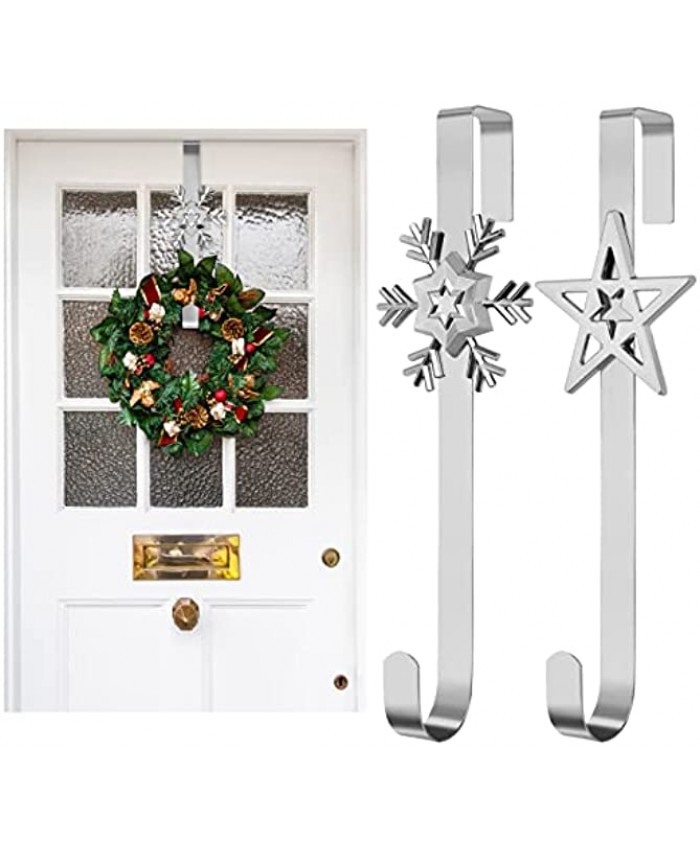 Fovths 2 Pack Christmas Wreath Hanger with Snowflake Tree Topper 14.5 Inch Metal Wreath Hook Interchangeable Icons Over The Door Heavy Duty Wreath Hanger for Front Door Party Decor Silver