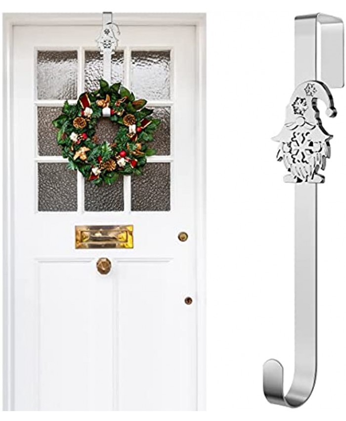 Fovths Christmas Metal Wreath Hanger for Front Door 14.5 Inch Wreath Hook with Gnome Interchangeable Icons Over The Door Metal Wreath Hook Heavy Duty Wreath Holder for Christmas Decoration Silver