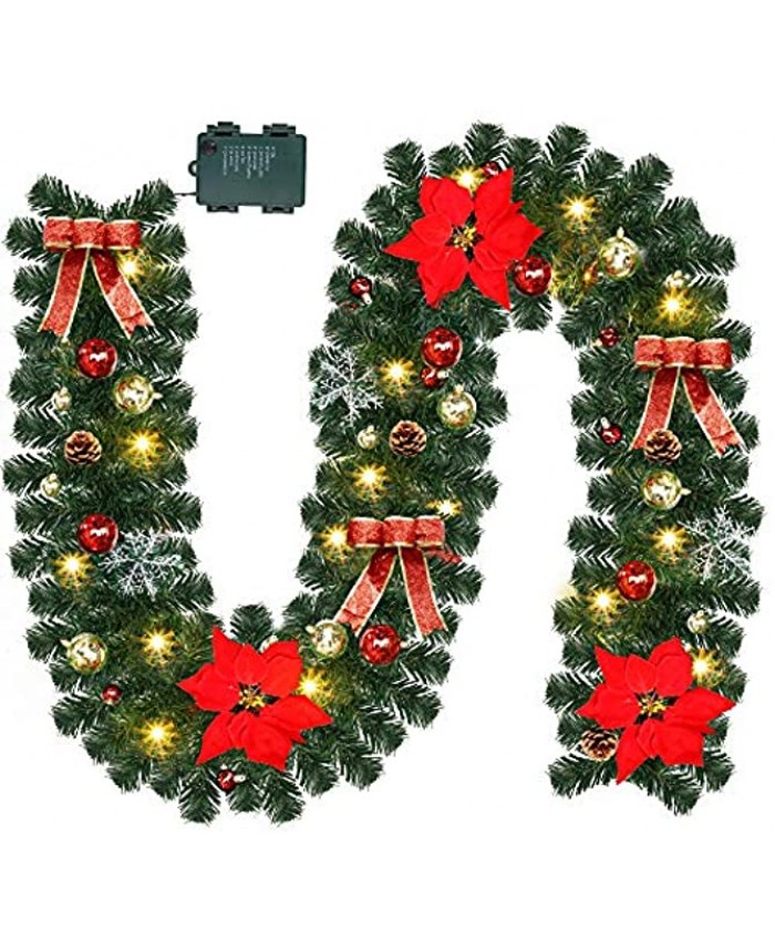 ATDAWN 9 Foot Christmas Lighted Garland Battery Operated Christmas Garland with Lights Pre Lit Garland Wreath with Christmas Ball Ornaments for Indoor Home Winter Holiday New Year Xmas Decorations