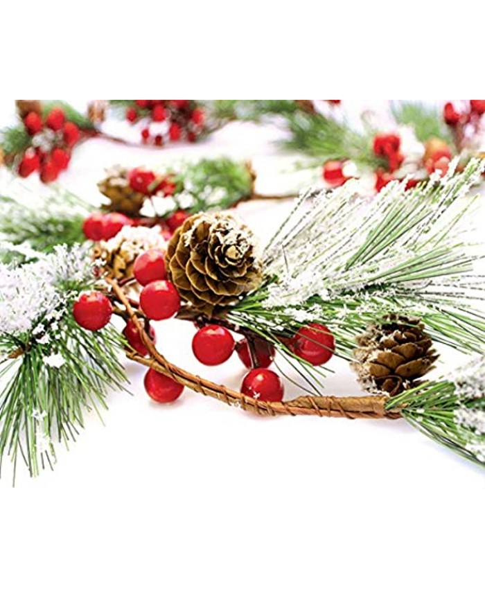 Christmas Garland Winter Red Berries Holiday Decoration Pine Cones Evergreen Pine Needle – Unlit Berry Garlands Xmas Decor Kitchen Bar Fireplace Indoor Outdoor Greenery with Snow 6 Ft Long 6ft
