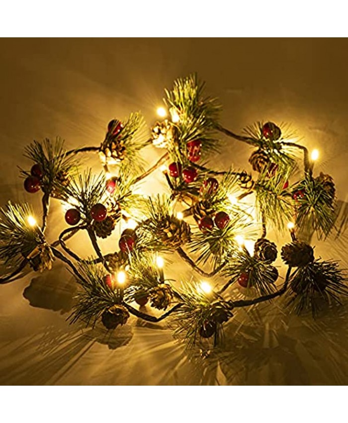 Hongyitime 7.8 FT PineCones String Lights christmas pine cone light string 20 LED Red Berry Pine Cone Garland Lights led Garland String Lights Christmas Decorations for Home Garland for Fireplace
