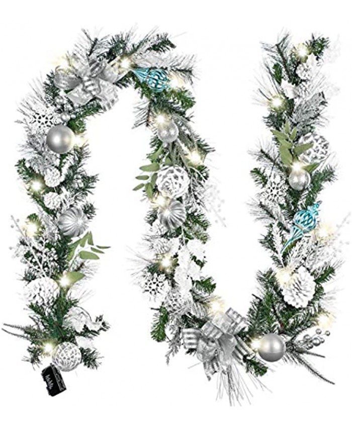 Valery Madelyn Pre-Lit 9 Feet Frozen Winter Silver White Christmas Garland with 40 LED Warm Lights and Ball Ornaments Snowflakes for Front Door Window Fireplace Mantle Xmas Decor Battery Operated