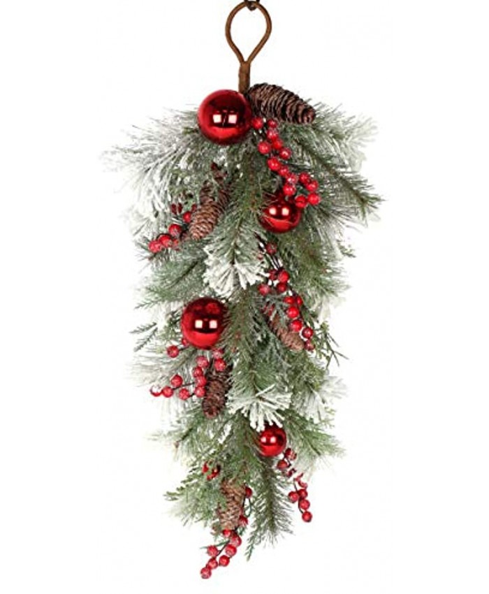 32 Inch Artificial Mixed Pine Christmas Teardrop Swag with Snow Crystals Berries Pine Cones and Red Ball Ornaments