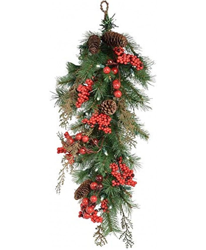 dé 30 Inch Iced Woodland Artificial Mixed Pine Teardrop Swag with Pine Cones