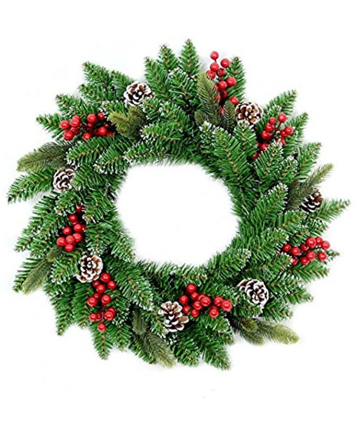 Shatchi Artificial 55cm Lit Christmas Tree Wreath Garland Pre Berries and Pine Cones Frosted Tips Door Wall Hanging Decorations Xmas Home LED Light Up Décor Green