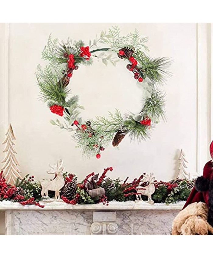 16" Christmas Wreath for Front Door Artificial Xmas Wreath Hanging Evergreen Garland with Burlap Bow Pinecone Bell Red Berries Glitter Ornaments for Home Party Decoration Holiday Winter Gift