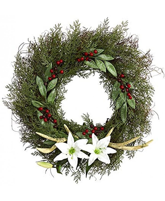 20in. Cedar Antlers Lily and Ruscus with Berries Artificial Wreath