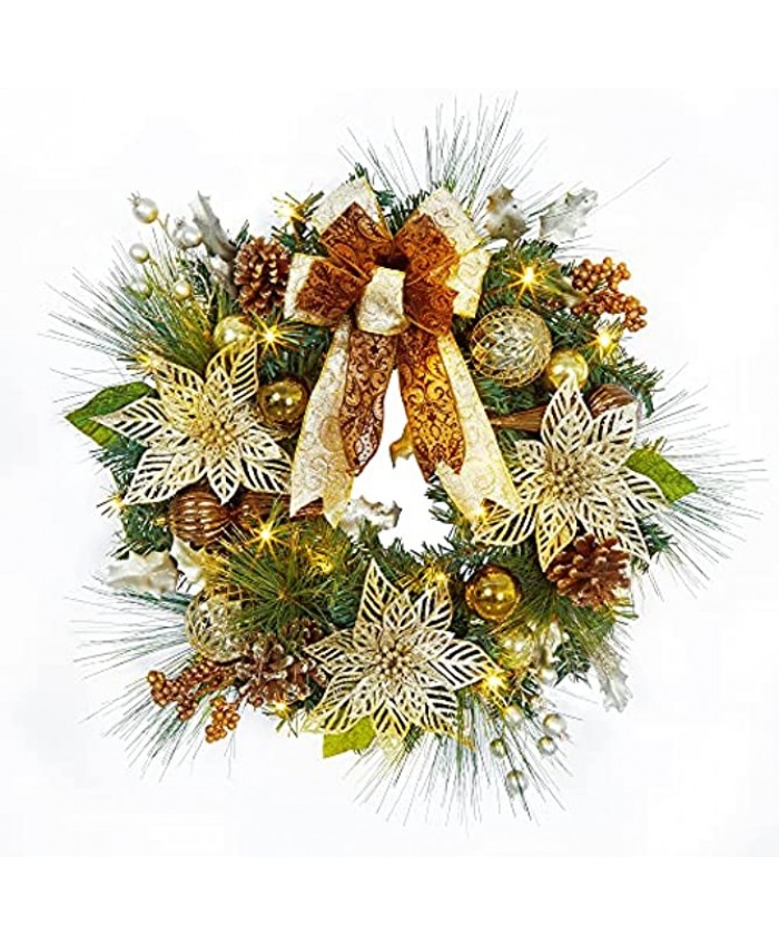 Adeeing 24 Inch Artificial Christmas Wreath with 20 Lights for Front Door Xmas Prelit Garland with Christmas Ball Berries Flowers for Indoor Outside Holiday Decor