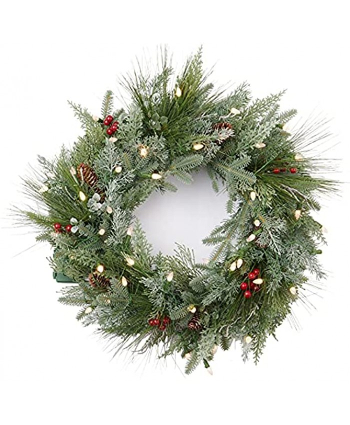 AMERZEST Pre-lit Christmas Wreath with Decorated with Flocked Branches,Berries and Pine Cones,24 Inch 50 Battery Operated LED Lights,Holiday Decoration for Front Door Outdoor