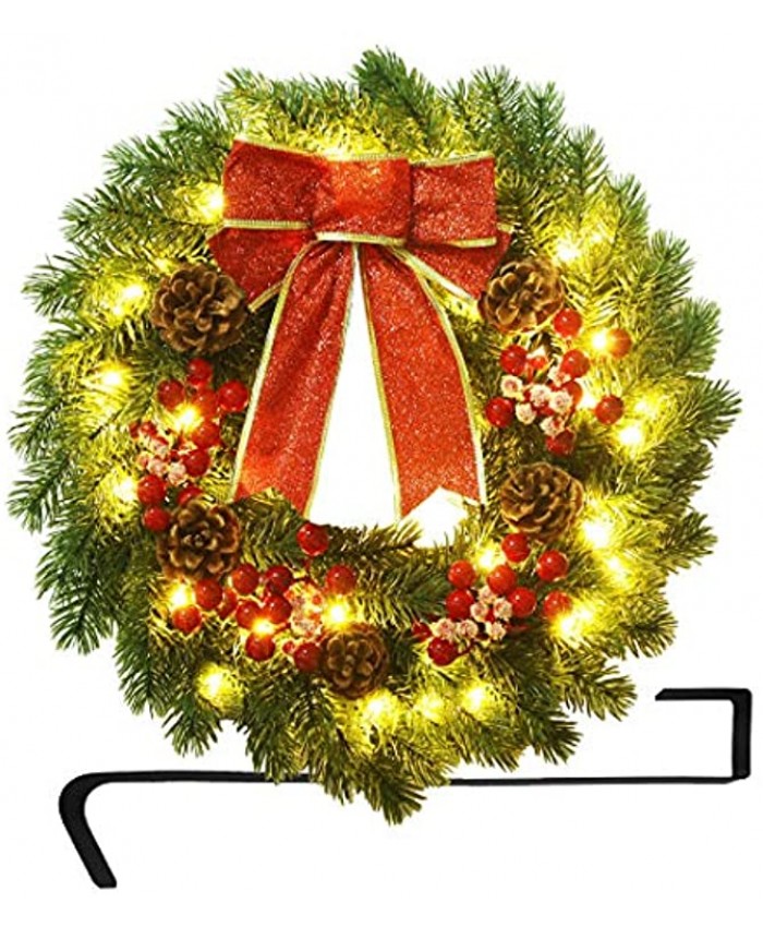 ATDAWN 16 Inch Christmas Wreath Outdoor Lighted Christmas Wreath for Front Door Xmas Wreath for Holiday Christmas Party Decorations
