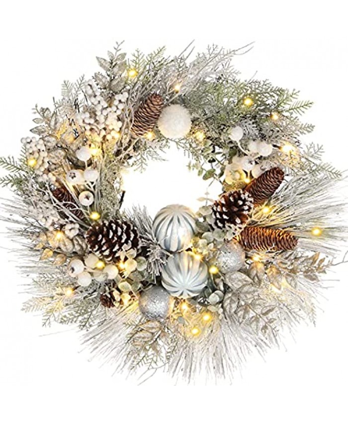Christmas Wreath 24" Christmas Front Door Wreath Ornament with LED Lights Pinecone Berries Artificial Pine Garland for Party Table Fireplaces Porch Walls New Years Halloween Home Decor