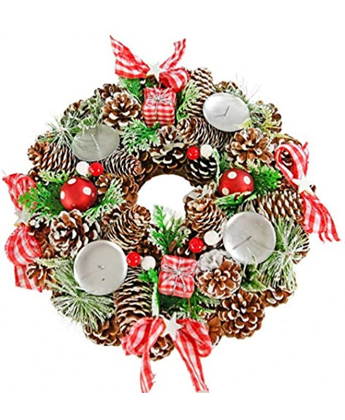 HOME-X Gingham Pinecone Christmas Wreath Candle Holder Artificial Advent Wreath Winter Home Decorations 13” Diameter