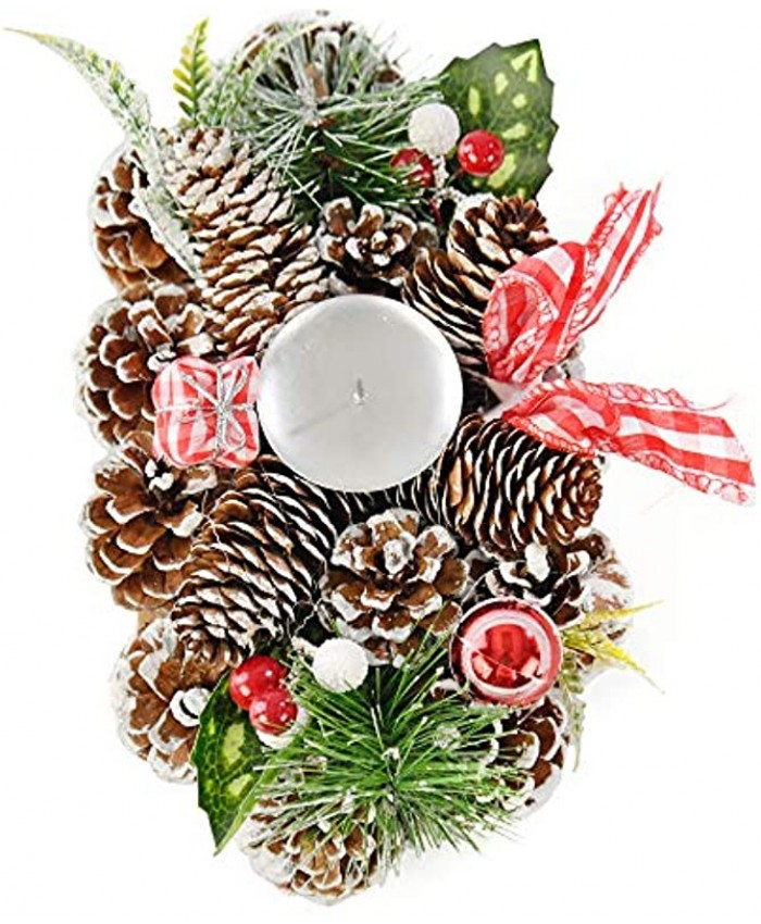HOME-X Gingham Pinecone Christmas Wreath Candle Holder Artificial Oval Advent Wreath Winter Home Decorations 10” x 6”