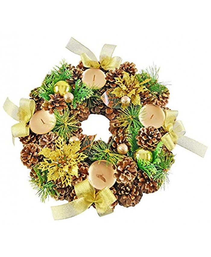 HOME-X Golden Pinecone Christmas Wreath Candle Holder Artificial Advent Wreath Winter Home Decorations 13” Diameter