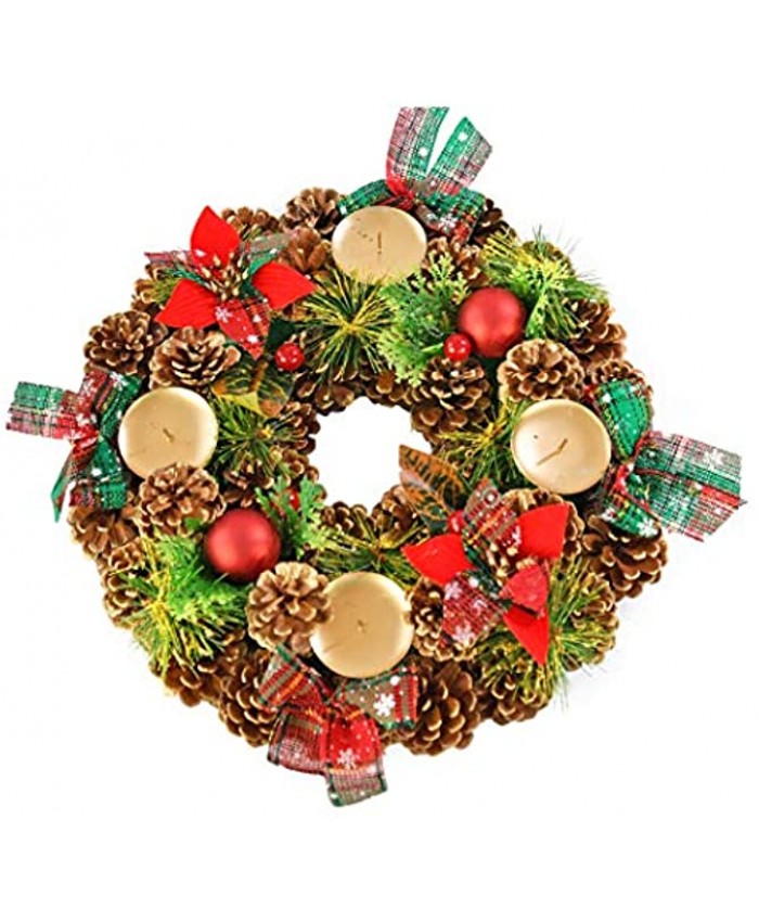 HOME-X Shimmering Pinecone Christmas Wreath Candle Holder Artificial Advent Wreath Winter Home Decorations 15” Diameter