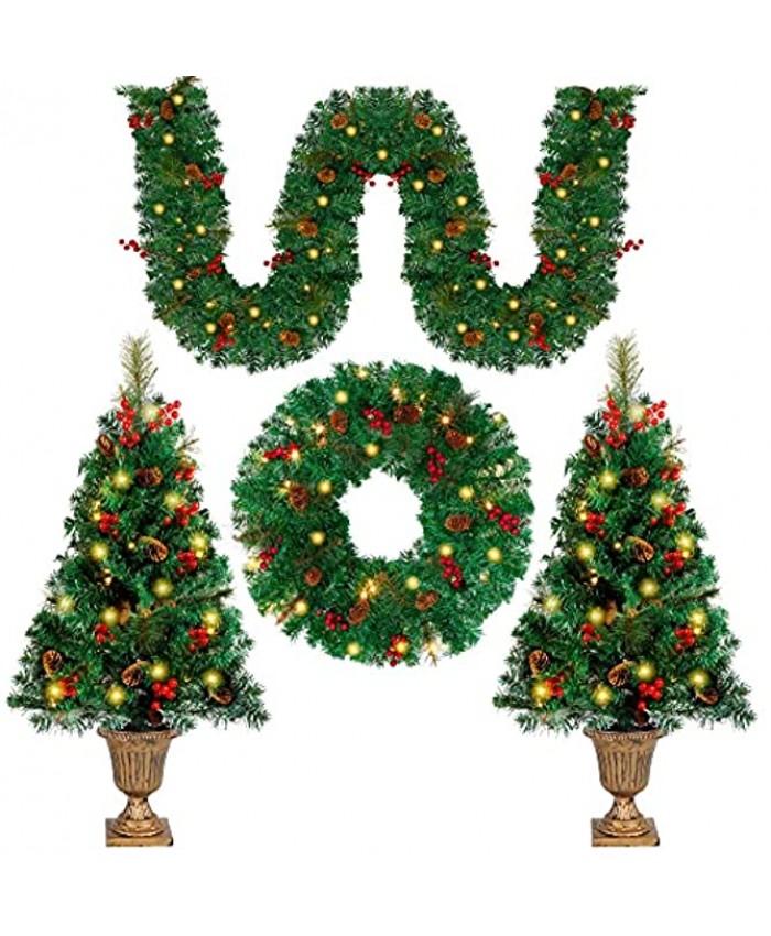 Juegoal Christmas Decorations 4-Piece Set Pre-Lit Artificial Entrance Trees Set of 2 Wreath and Garlands LEDs Lights with 8 Lighting Mode & Timer for Home Front Door Porch Entryway Xmas Decor
