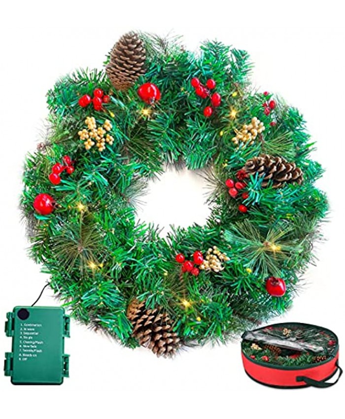 Myouth Pre-lit Artificial Christmas Wreath 24 Inches Winter Xmas Wreath Ornaments Flocked with Mixed Decorations 50 LED Lights for New Year Holiday