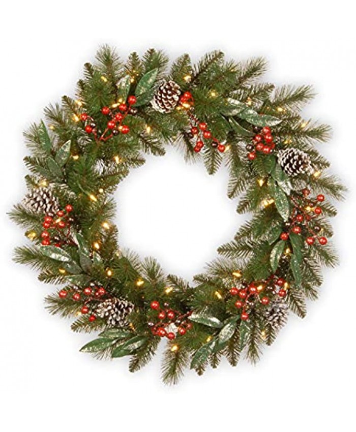 National Tree Company Pre-Lit Artificial Christmas Wreath Green Bristle Berry Pine White Lights Decorated with Frosted Branches Pine Cones Berry Clusters Christmas Collection 24 Inches